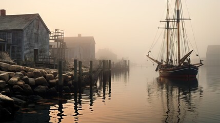 Wall Mural -  a boat is docked in a harbor on a foggy day.  generative ai