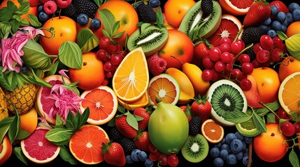 Poster -  a bunch of different fruits and vegetables are grouped together in a picture.  generative ai