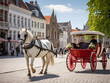 Horse-drawn carriage giving tourists a ride in a quaint European town square.