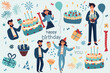 Office colleagues are celebrating a birthday. Dancing and confetti add flair, as office coworkers come together to revel in shared celebration. Concept of happiness, celebration. Vector.
