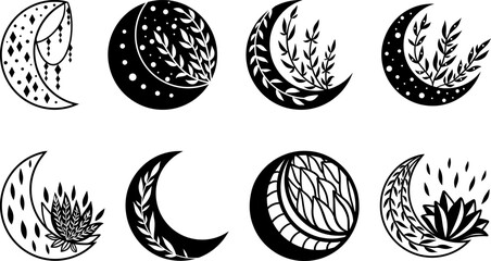 Mystical floral moon collection, celestial clipart, hand drawn line art mystical isolated symbols, magic illustration