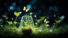  A Glass Vase Filled With Grass And Butterflies Flying Around It.  Generative Ai