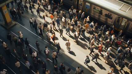 Top-down shot of a crowded train station platform as passengers await their ride.