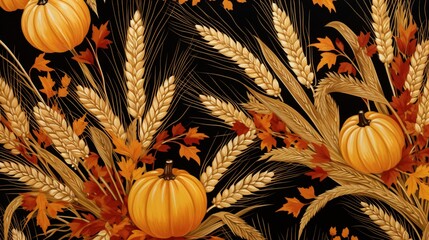 Wall Mural -  a painting of pumpkins, wheat and leaves on a black background.  generative ai