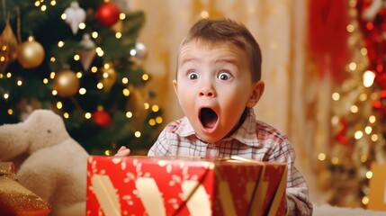 Surprised baby boy opening a Christmas gift box. Generative AI