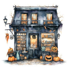 Watercolor spooky Halloween shop Illustration, Generative Ai