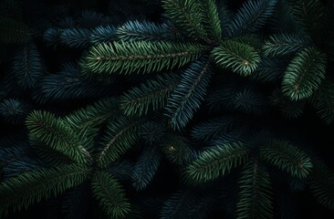 Beautiful Christmas Background with green pine tree brunch close up. Copy space, trendy moody dark toned design for seasonal quotes. Vintage December wallpaper. Natural winter holiday forest backdrop