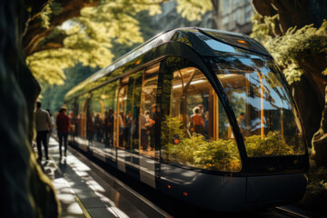 Sticker - Efficient Public Transport. Passengers on a modern electric bus, showcasing the transition to low-emission options for a sustainable climate. Generative Ai.