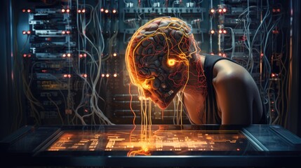 Wall Mural - lab scene where scientists 'program' the human brain onto a circuit board, blurring the lines between organic and artificial intelligence.