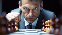 Businessman Playing Chess, Looking Severe And Frowning. Generative AI