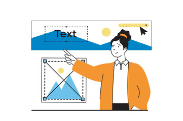 Aufkleber - Designer agency concept with people scene in flat web design. Woman creates ui ux template webpage in trendy style and placing content. Vector illustration for social media banner, marketing material.
