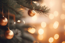 Close Up Of A Christmas Tree Branch. Christmas Lighting, Decorations, Blurry In Background. AI Generated