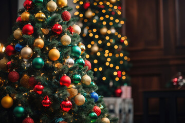 Wall Mural - Christmas tree decorated in a holiday party. Christmas background. AI generated