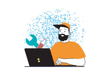 Poster - Designer agency concept with people scene in flat web design. Man works as illustrator and drawing digital arts and content at laptop. Vector illustration for social media banner, marketing material.