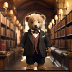 Poster - A toy bear dressed in a tuxedo stands in a library. Generative AI.