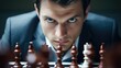 Businessman playing chess, looking severe and frowning. Generative AI