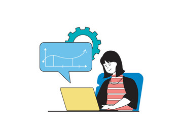 Poster - Digital business concept with people scene in flat web design. Woman researching statistics, brainstorming and using marketing tools. Vector illustration for social media banner, marketing material.