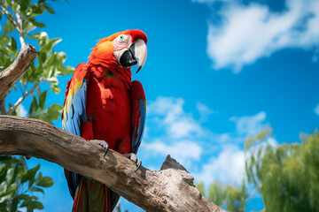 Wall Mural - A Majestic Scarlet Macaw Shows of its Vibrant Colours While Perched in Front of Clear Blue Sky