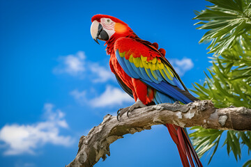 Wall Mural - A Male Scarlet Macaw Parrot Rests on a Branch