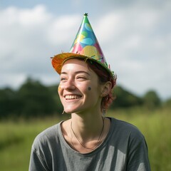 Canvas Print - A woman with a party hat on her head. Generative AI.