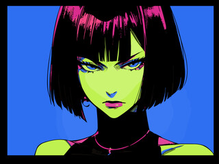 Leinwandbilder - Dark-haired angry cool anime woman with short haircut. Retro comic book style vector illustration.