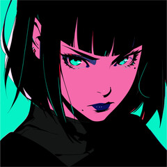 Poster - Dark-haired angry cool anime woman with short haircut. Retro comic book style vector illustration.