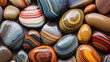 Background with round colorful sea pebble stones. Stones beach smooth. Top view.
