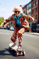 Funny elderly woman riding a skateboard. Generative AI