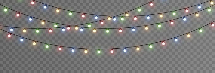 Wall Mural - Vector Christmas lights. Christmas garland PNG. Christmas lights PNG. Christmas decoration, colorful LED lamps.