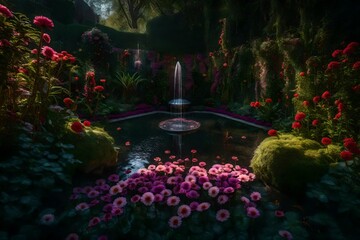 Secret garden filled with talking flowers and a magical fountain - AI Generative