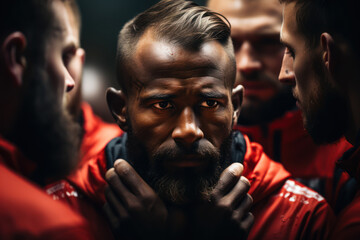 Sticker - Unified Strength. A rugby team huddle before a game, epitomizing the collective energy of the athletic spirit. Generative Ai.