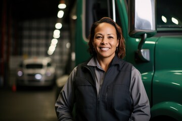 Wall Mural - Portrait of a middle aged female trucker working for a trucking company and standing next to her truck in the US or Canada