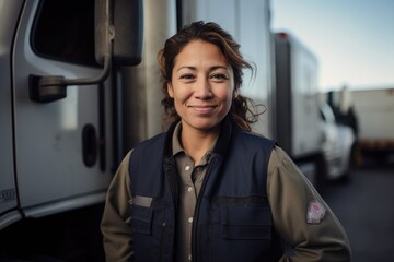 Wall Mural - Portrait of a middle aged female trucker working for a trucking company and standing next to her truck in the US or Canada