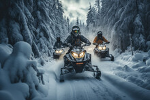 A Group Of Adventurers Don Snowmobile Gear And Set Out On A Snowy Trail, Embarking On A Thrilling Winter Excursion. Generative Ai.