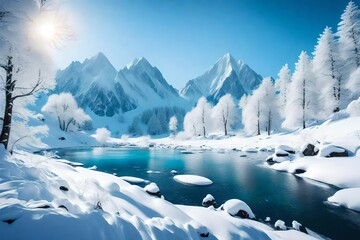 Snowy Mountain Landscapes with Sunlit Peaks and Solitary Beauty - AI Generative