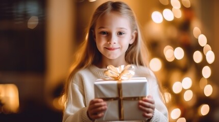 Wall Mural - Little girl in winter clothes is holding a gift package with a bow, received for Christmas. Generative AI