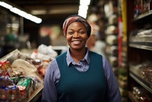 Smiling Portrait Of A Middle Aged African American Woman Working As A Cashier Or Clerk In A Bodega Store In New York