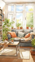 A Cozy Warm Living Room With Thick White Walls And White Floor Furnitures Looks Like A Flea Market Lot Of Plants Raw Plank Hanged On The Walls Small Window