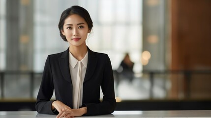 Wall Mural - portrait of professional asian receptionist in formal dress standing behind marble reception table