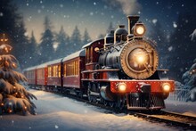 Fairy Locomotive In Holiday Postcard Style. Merry Christmas And Happy New Year Concept