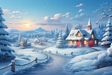 Wall Mural - House in winter in the style of a holiday card. Merry christmas and happy new year concept. Background