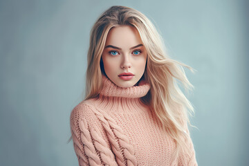 Wall Mural - Young Girl blonde in knitted warm sweater portrait isolated on flat background with copy space. Knitted natural clothing store banner template. Autumn fashion collection. 