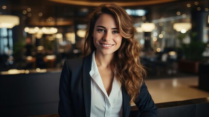 a professional woman smiling in business clothes in a modern concierge office with luxury details in the architecture