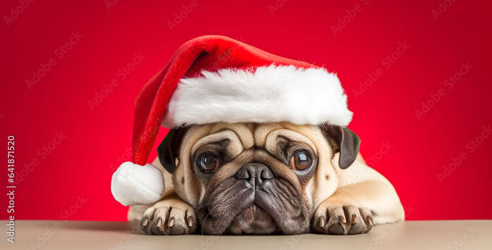 Puppy Pug in a Santa's hat isolated on red background. Christmas ...