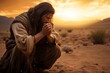 serenity of solitude: jesus crist praying in a desert, at sunset, Generative AI