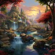 Picture suspended gardens hovering over a serene landscape, featuring a symphony of vibrant flora, flowing waterfalls, and tranquil ponds, all bathed in gentle sunlight