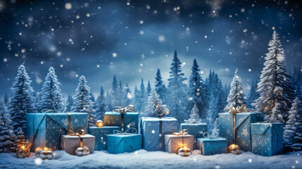 Wall Mural - many gift boxes under fur trees and space for text. Christmas background