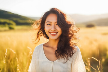 Wall Mural - Portrait of beautiful young asian woman smiling while standing in field of wheat, natural light