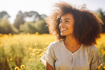 Portrait of beautiful young african american woman smiling while standing in field of wheat, natural light