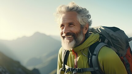 Poster - Senior man climbs to the top of the mountain with a backpack and smiles happily at the achievements of hiking. generative AI